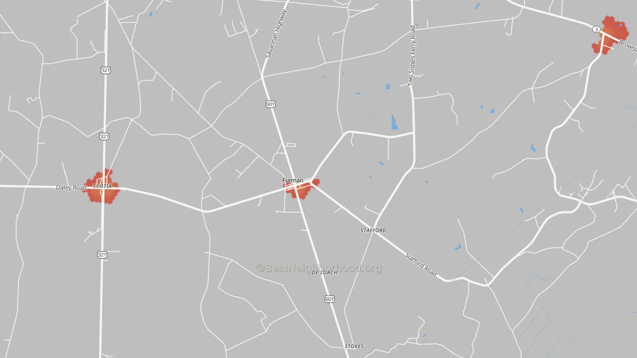 Walk Grade map of Furman, SC, walkable areas in green and car-dependent areas in red