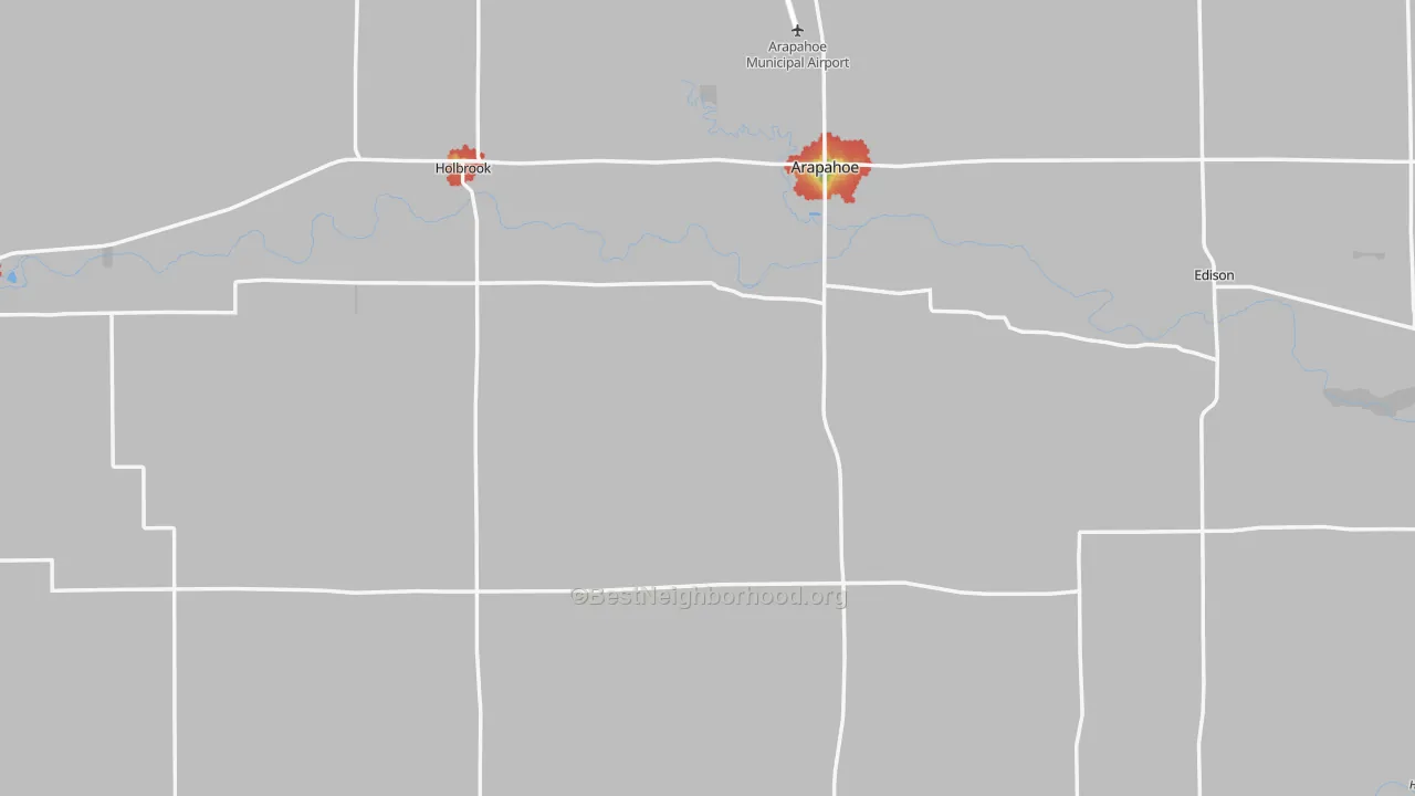 Walk Grade map of Furnas County, NE, walkable areas in green and car-dependent areas in red