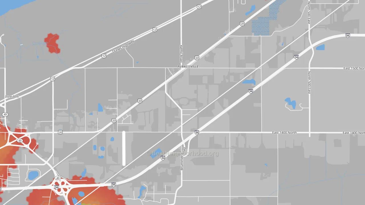Walk Grade map of Furnessville, IN, walkable areas in green and car-dependent areas in red