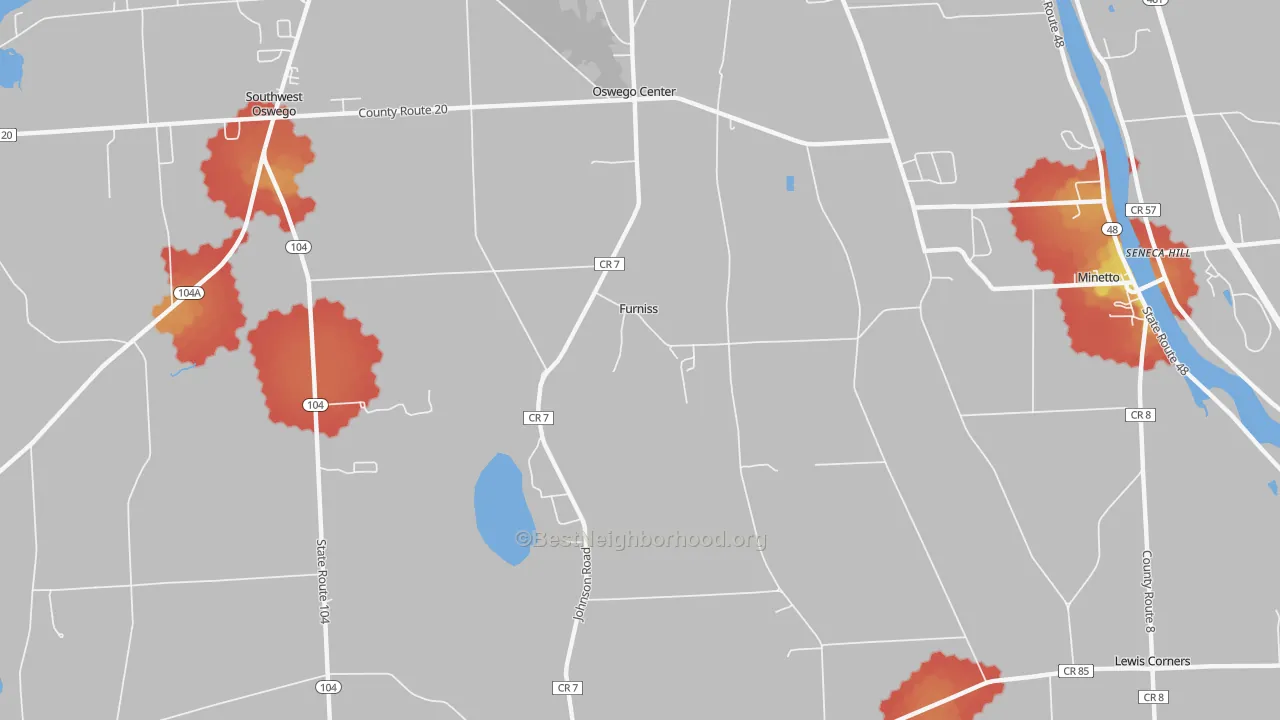 Walk Grade map of Furniss, NY, walkable areas in green and car-dependent areas in red