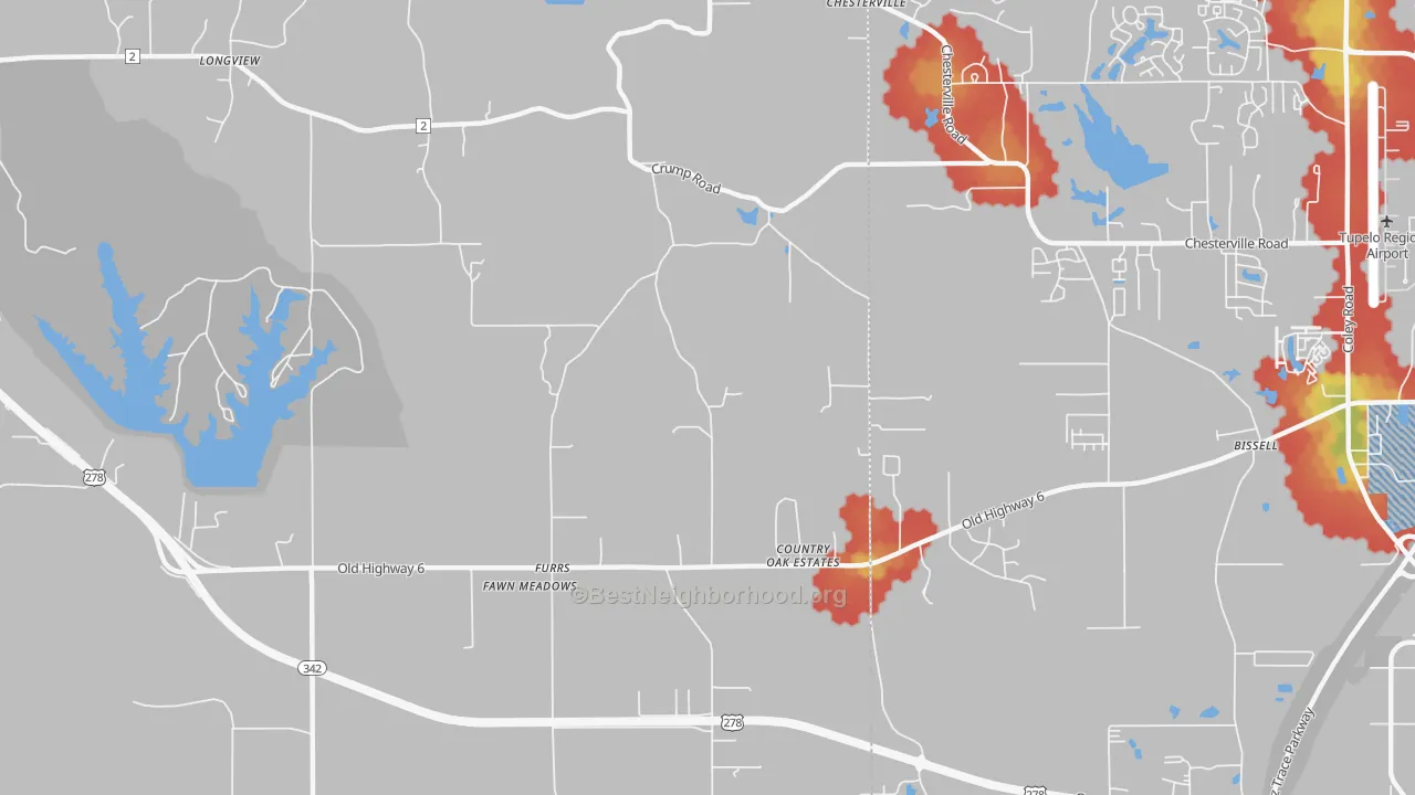 Walk Grade map of Furrs, MS, walkable areas in green and car-dependent areas in red