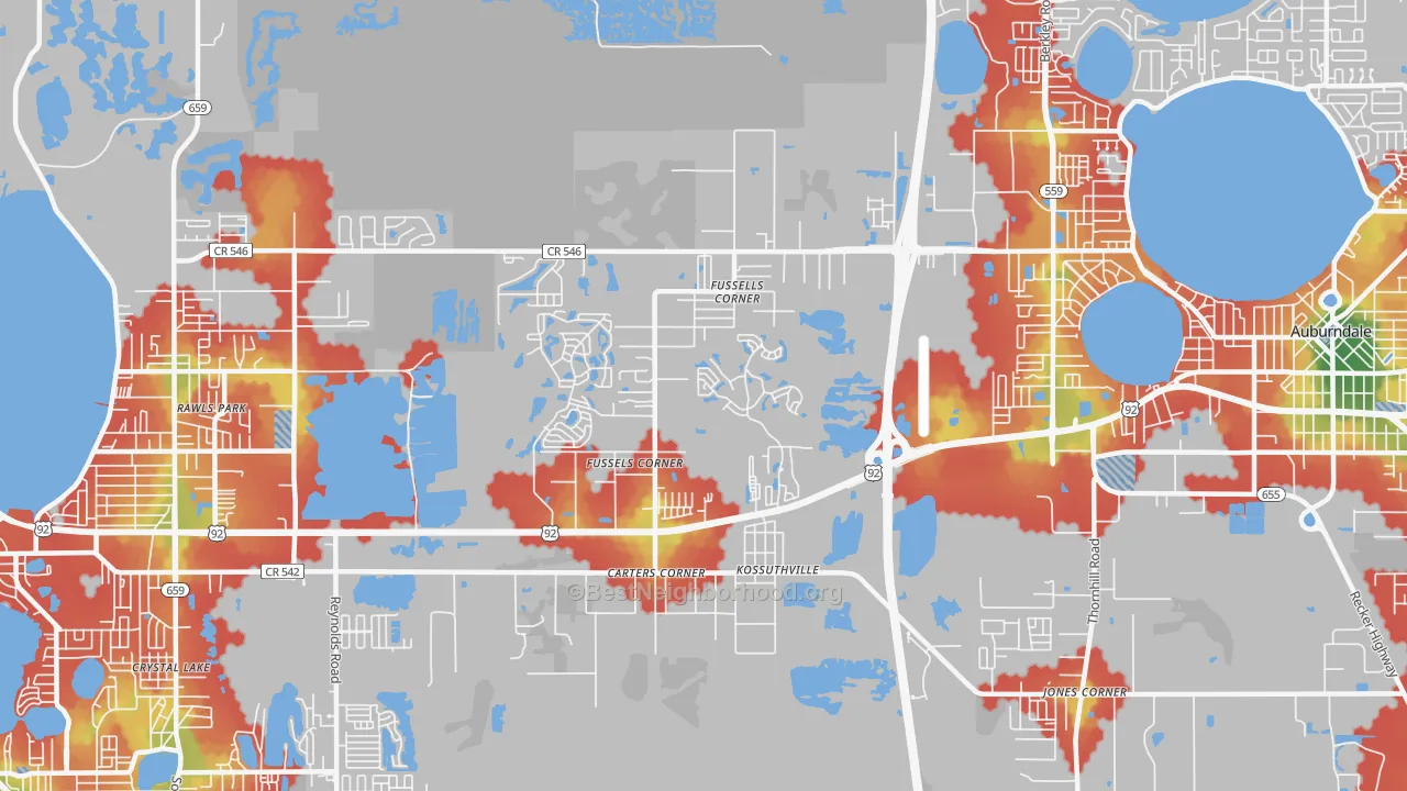 Walk Grade map of Fussels Corner, FL, walkable areas in green and car-dependent areas in red
