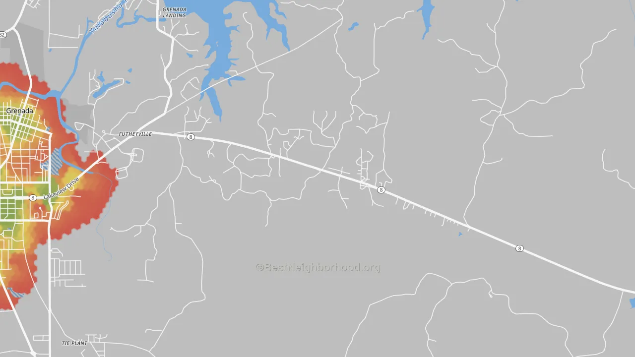 Walk Grade map of Futheyville, MS, walkable areas in green and car-dependent areas in red