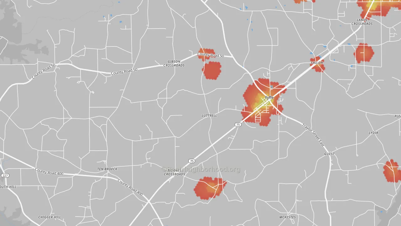 Walk Grade map of Fyffe, AL, walkable areas in green and car-dependent areas in red