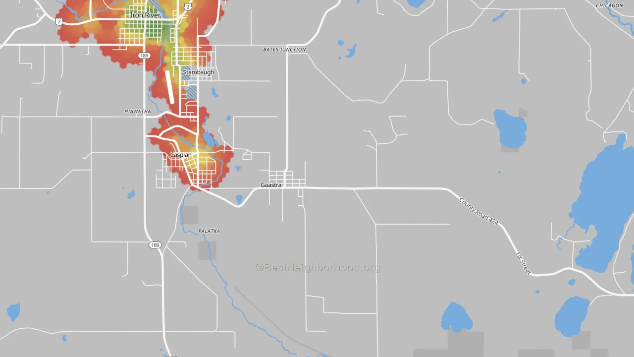 Walk Grade map of Gaastra, MI, walkable areas in green and car-dependent areas in red
