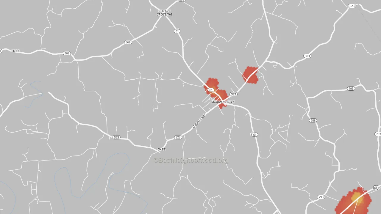 Walk Grade map of Gabe, KY, walkable areas in green and car-dependent areas in red