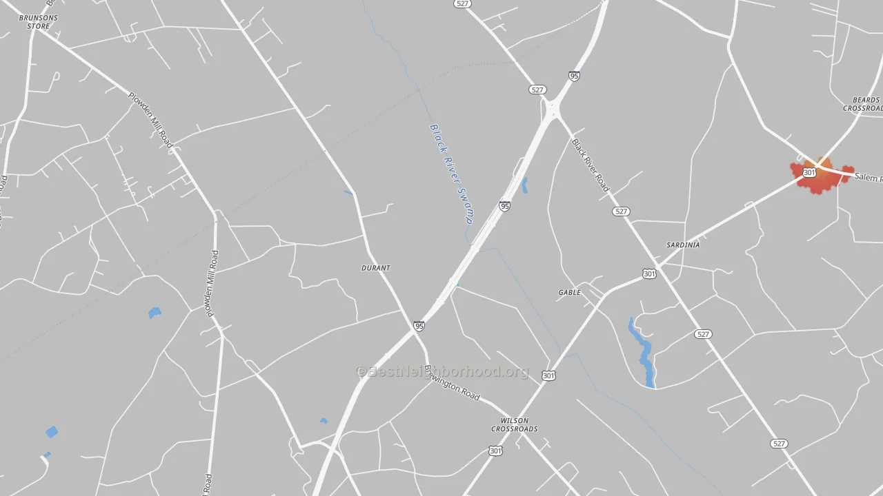 Walk Grade map of Gable, SC, walkable areas in green and car-dependent areas in red