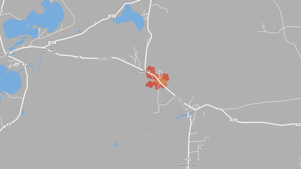 Walk Grade map of Gabriels, NY, walkable areas in green and car-dependent areas in red
