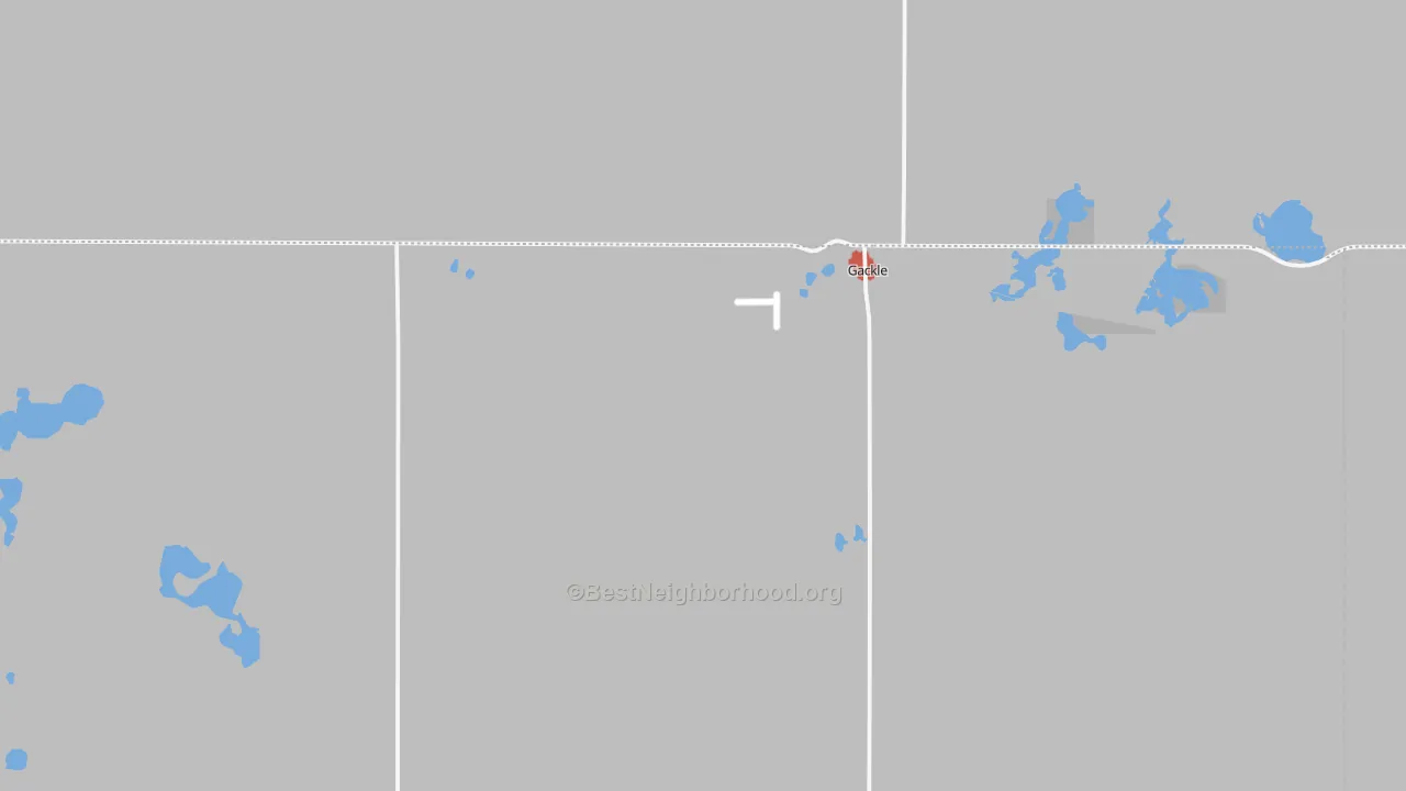 Walk Grade map of Gackle, ND, walkable areas in green and car-dependent areas in red
