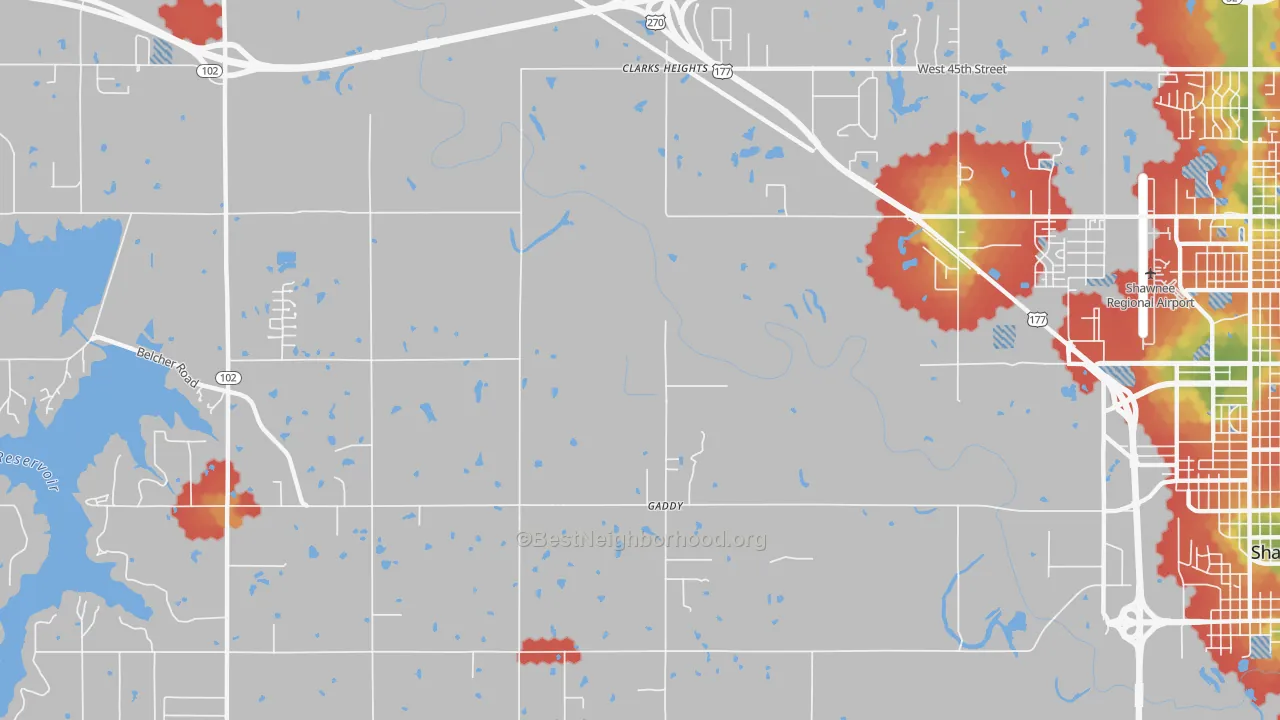 Walk Grade map of Gaddy, OK, walkable areas in green and car-dependent areas in red