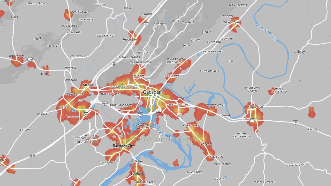 Walk Grade map of Gadsden, AL, walkable areas in green and car-dependent areas in red