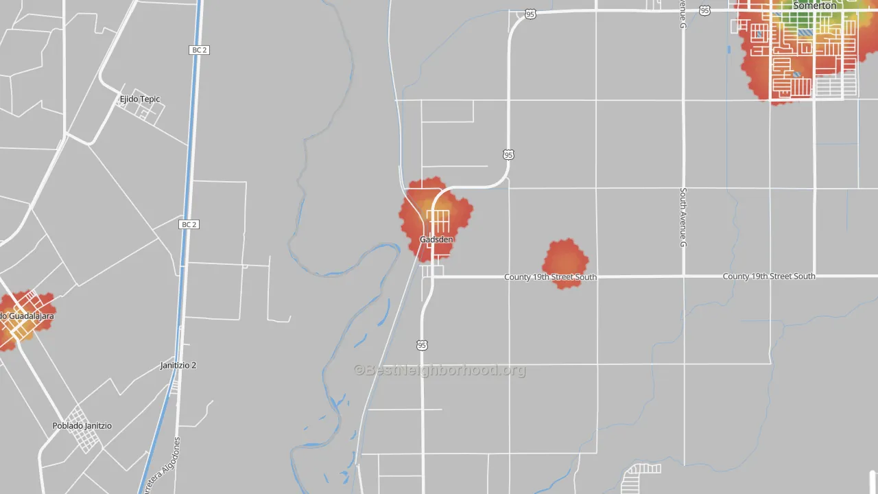 Walk Grade map of Gadsden, AZ, walkable areas in green and car-dependent areas in red