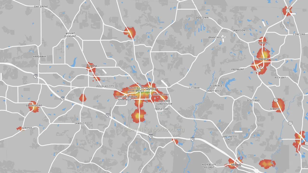 Walk Grade map of Gadsden County, FL, walkable areas in green and car-dependent areas in red