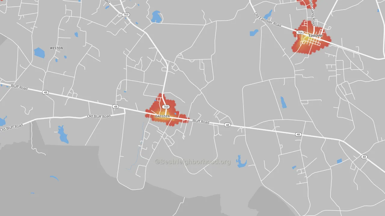 Walk Grade map of Gadsden, SC, walkable areas in green and car-dependent areas in red