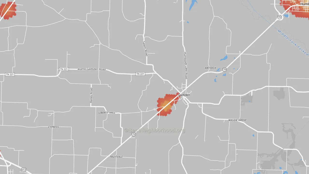 Walk Grade map of Gadsden, TN, walkable areas in green and car-dependent areas in red