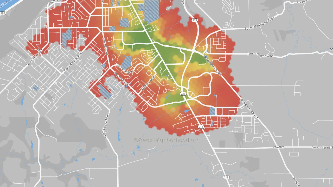 Walk Grade map of Gaffney Lane, Oregon City, OR, walkable areas in green and car-dependent areas in red