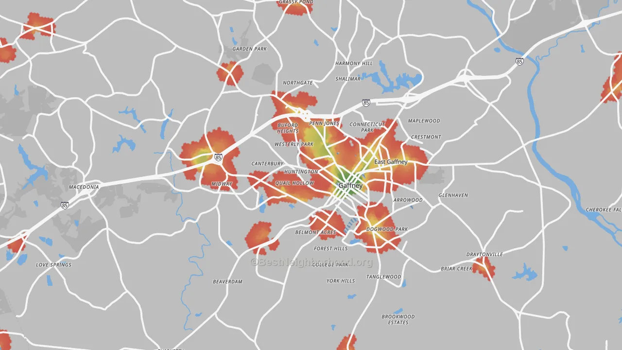 Walk Grade map of Gaffney, SC, walkable areas in green and car-dependent areas in red