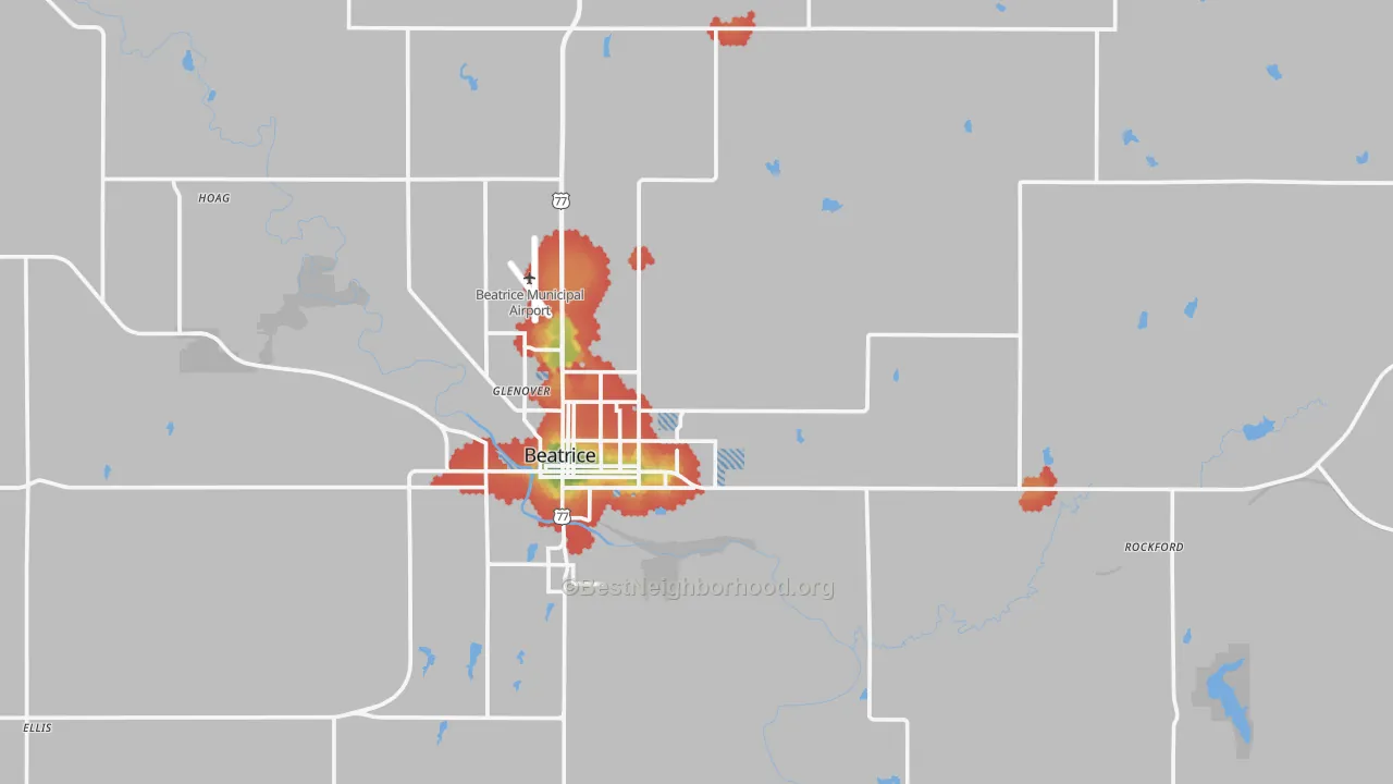 Walk Grade map of Gage County, NE, walkable areas in green and car-dependent areas in red