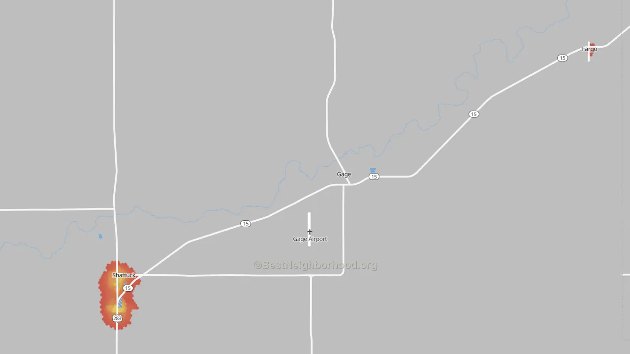 Walk Grade map of Gage, OK, walkable areas in green and car-dependent areas in red