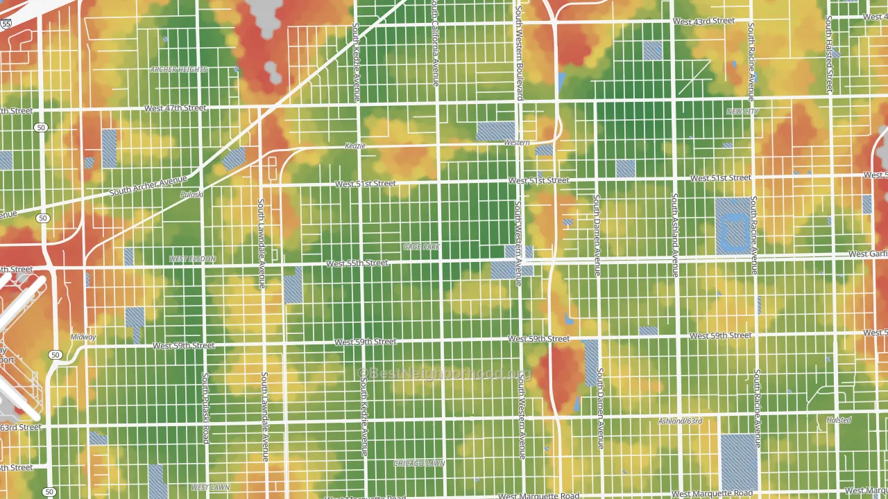 Walk Grade map of Gage Park, Chicago, IL, walkable areas in green and car-dependent areas in red