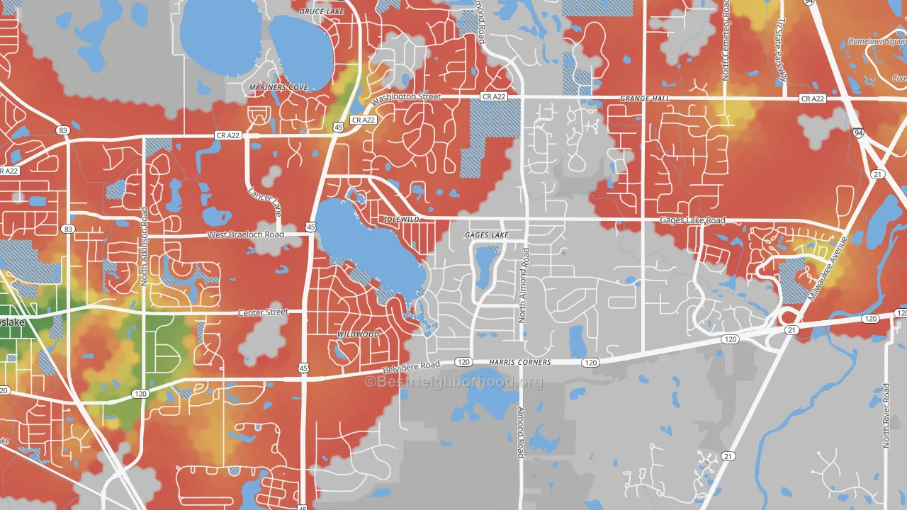 Walk Grade map of Gages Lake, IL, walkable areas in green and car-dependent areas in red