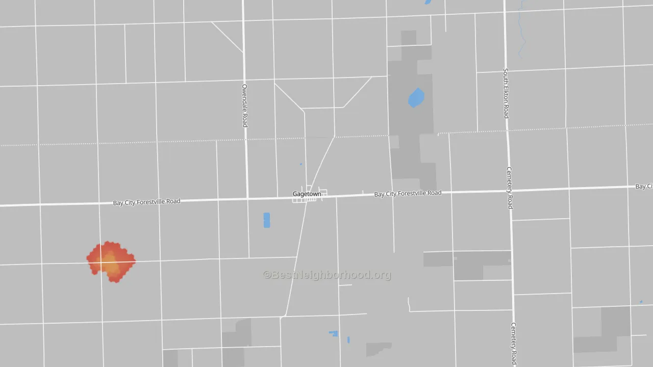 Walk Grade map of Gagetown, MI, walkable areas in green and car-dependent areas in red