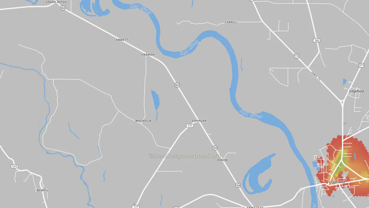 Walk Grade map of Gahagan, LA, walkable areas in green and car-dependent areas in red