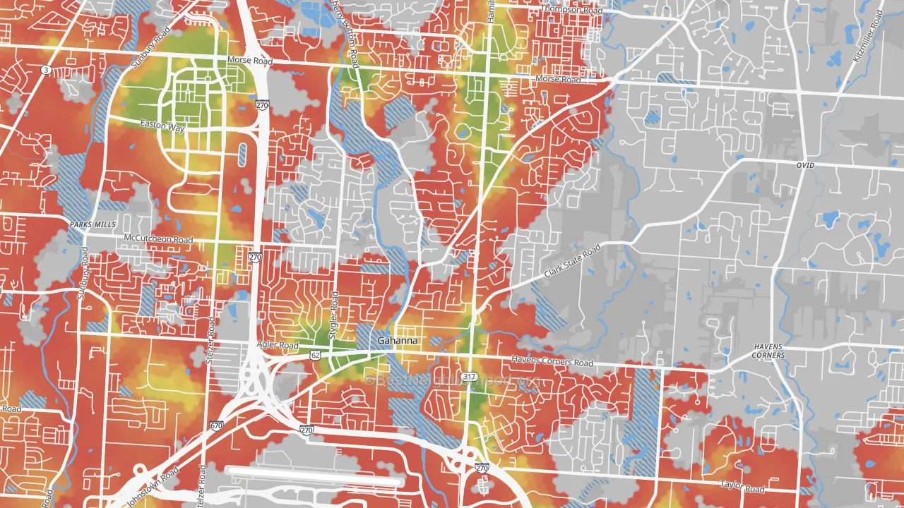 Walk Grade map of Gahanna, OH, walkable areas in green and car-dependent areas in red