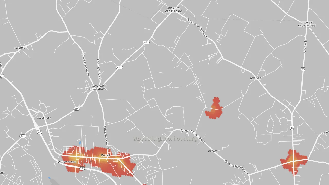 Walk Grade map of Gaillard Crossroads, SC, walkable areas in green and car-dependent areas in red