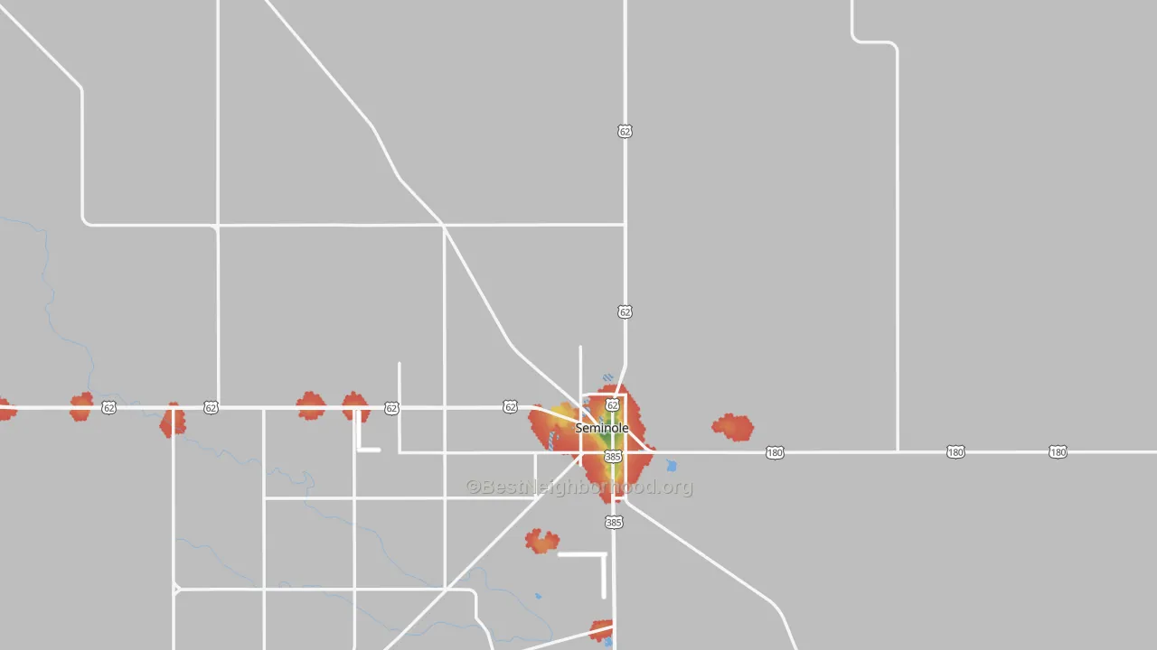 Walk Grade map of Gaines County, TX, walkable areas in green and car-dependent areas in red