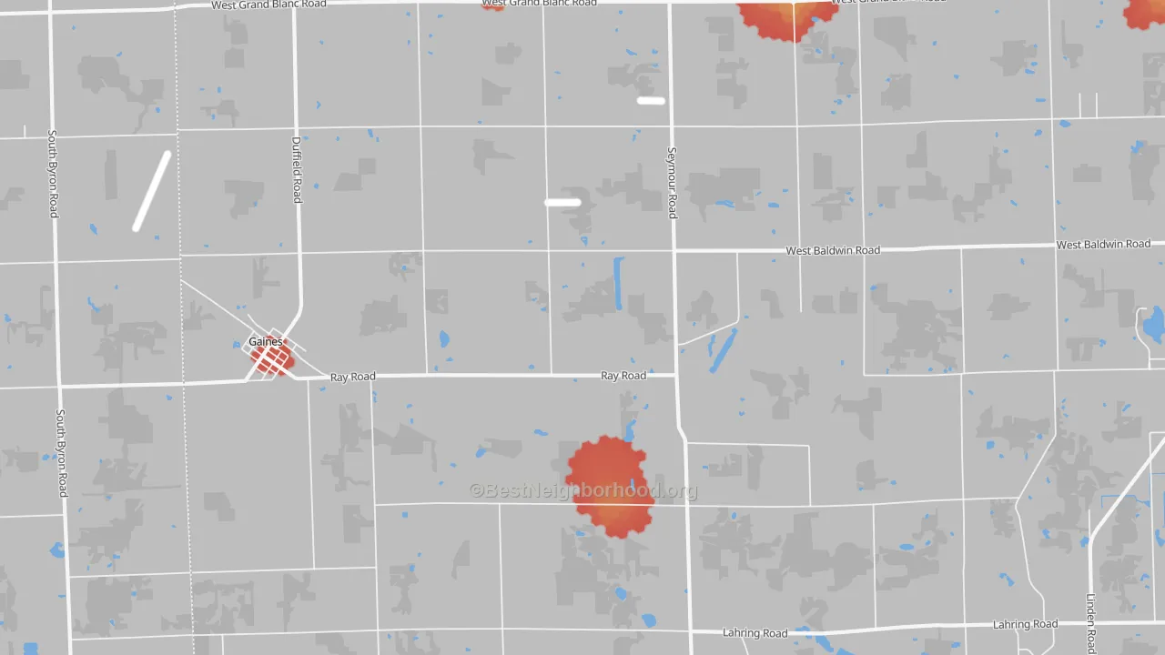 Walk Grade map of Gaines, MI, walkable areas in green and car-dependent areas in red