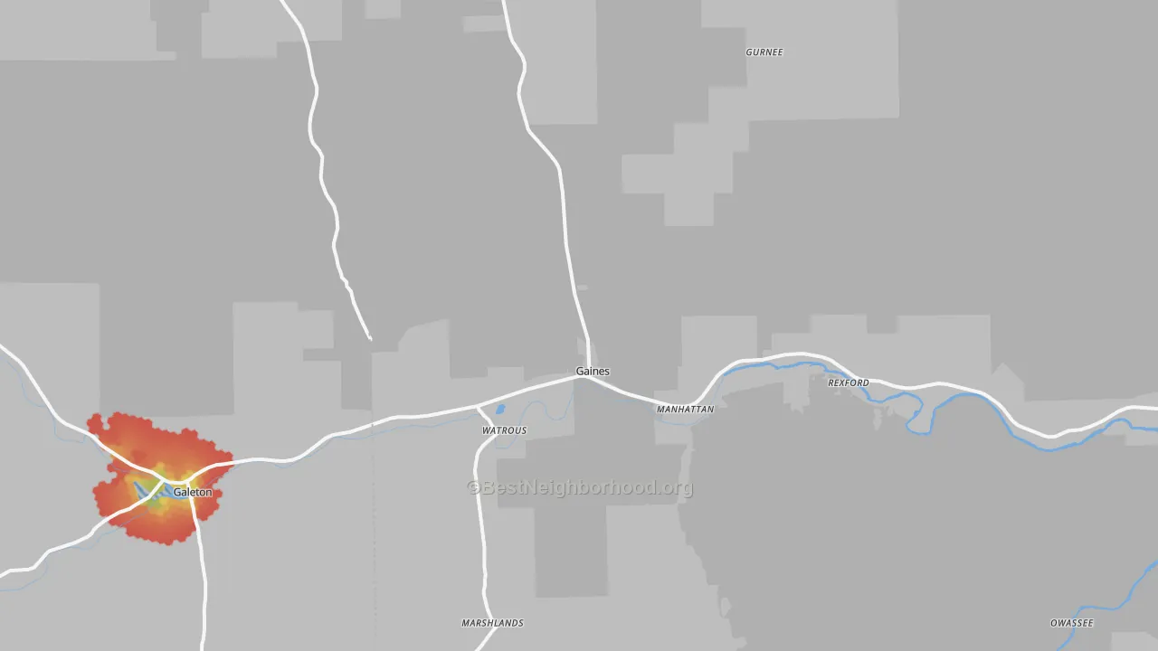Walk Grade map of Gaines, PA, walkable areas in green and car-dependent areas in red