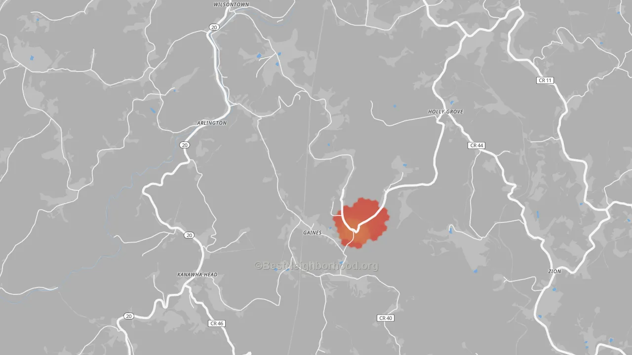 Walk Grade map of Gaines, WV, walkable areas in green and car-dependent areas in red