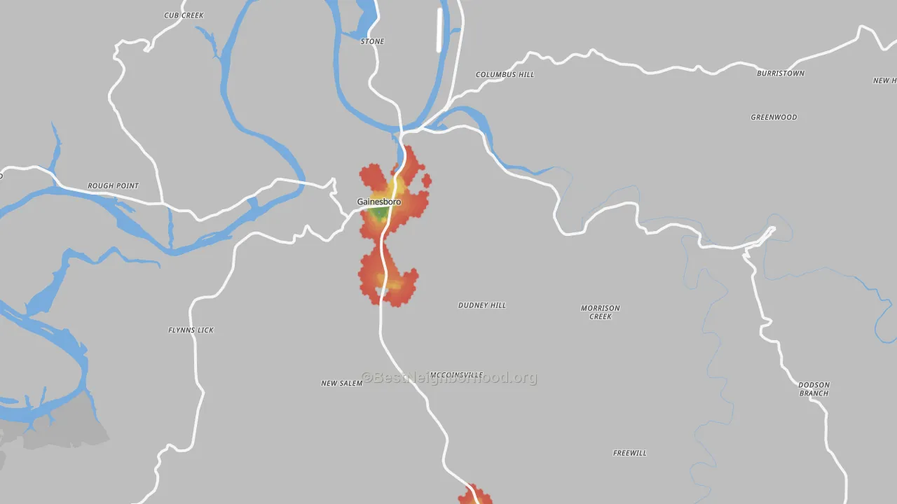 Walk Grade map of Gainesboro, TN, walkable areas in green and car-dependent areas in red