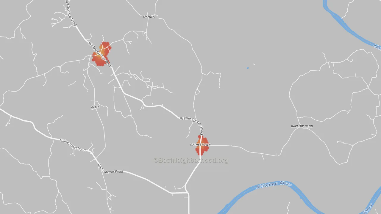 Walk Grade map of Gainestown, AL, walkable areas in green and car-dependent areas in red