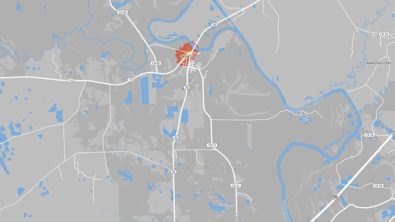 Walk Grade map of Gainesville, AL, walkable areas in green and car-dependent areas in red