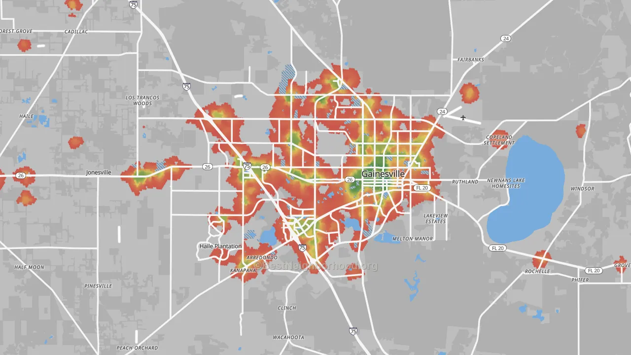 Walk Grade map of Gainesville, FL, walkable areas in green and car-dependent areas in red