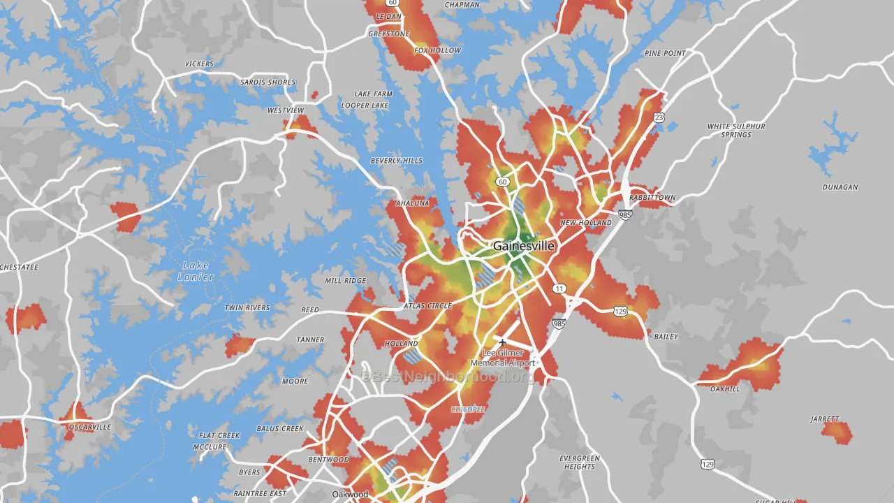 Walk Grade map of Gainesville, GA, walkable areas in green and car-dependent areas in red