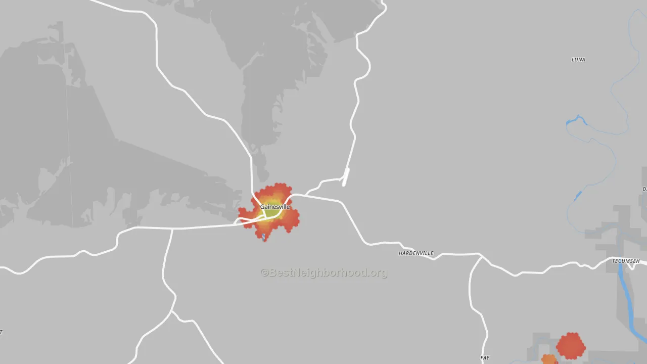 Walk Grade map of Gainesville, MO, walkable areas in green and car-dependent areas in red