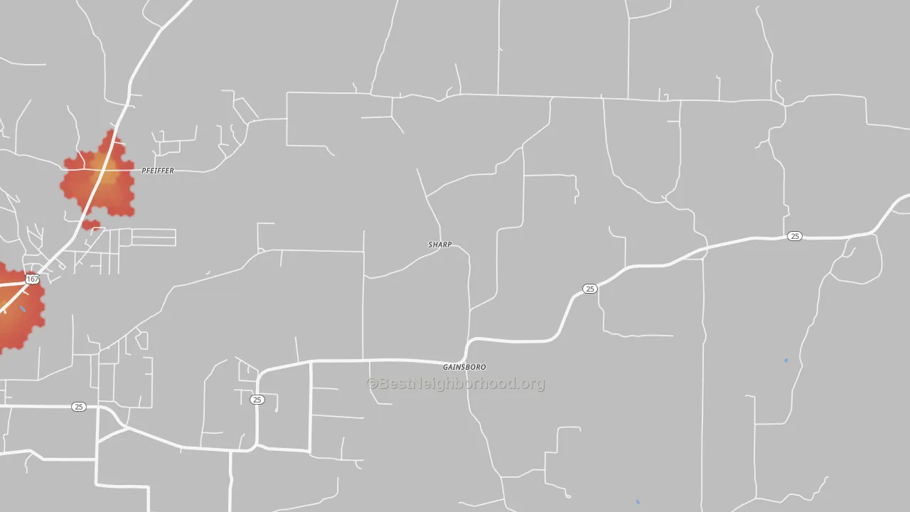 Walk Grade map of Gainsboro, AR, walkable areas in green and car-dependent areas in red