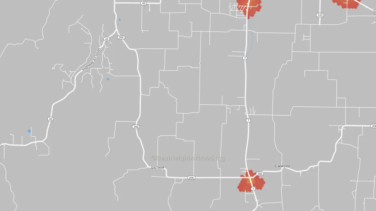 Walk Grade map of Gaither, AR, walkable areas in green and car-dependent areas in red