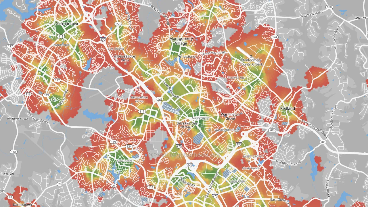 Walk Grade map of Gaithersburg, MD, walkable areas in green and car-dependent areas in red
