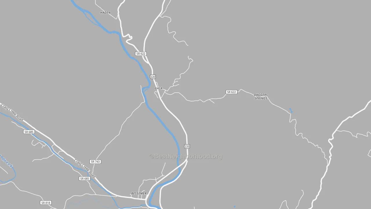 Walk Grade map of Gala, VA, walkable areas in green and car-dependent areas in red