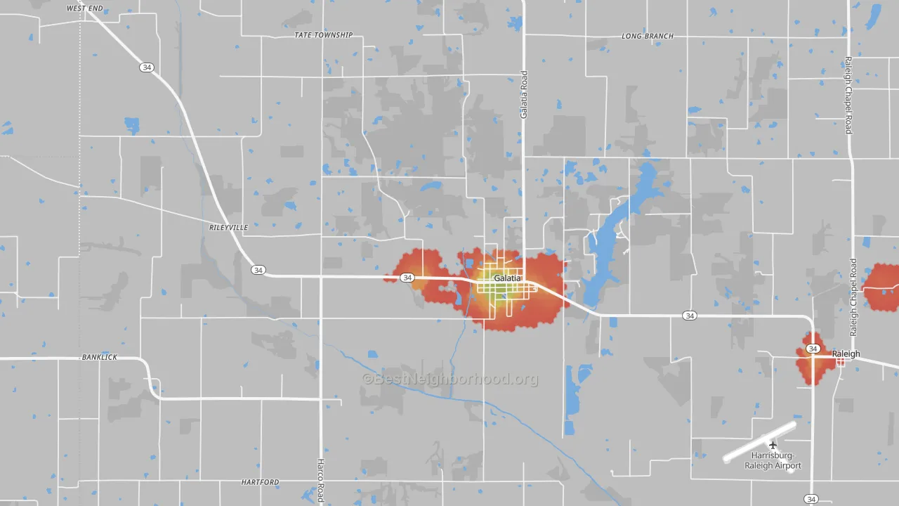 Walk Grade map of Galatia, IL, walkable areas in green and car-dependent areas in red