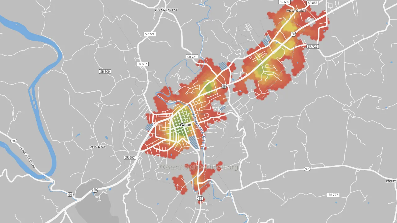 Walk Grade map of Galax City, VA, walkable areas in green and car-dependent areas in red