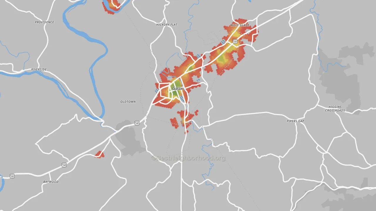 Walk Grade map of Galax, VA, walkable areas in green and car-dependent areas in red