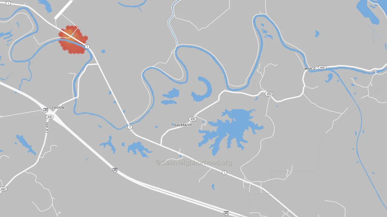 Walk Grade map of Galbraith, LA, walkable areas in green and car-dependent areas in red