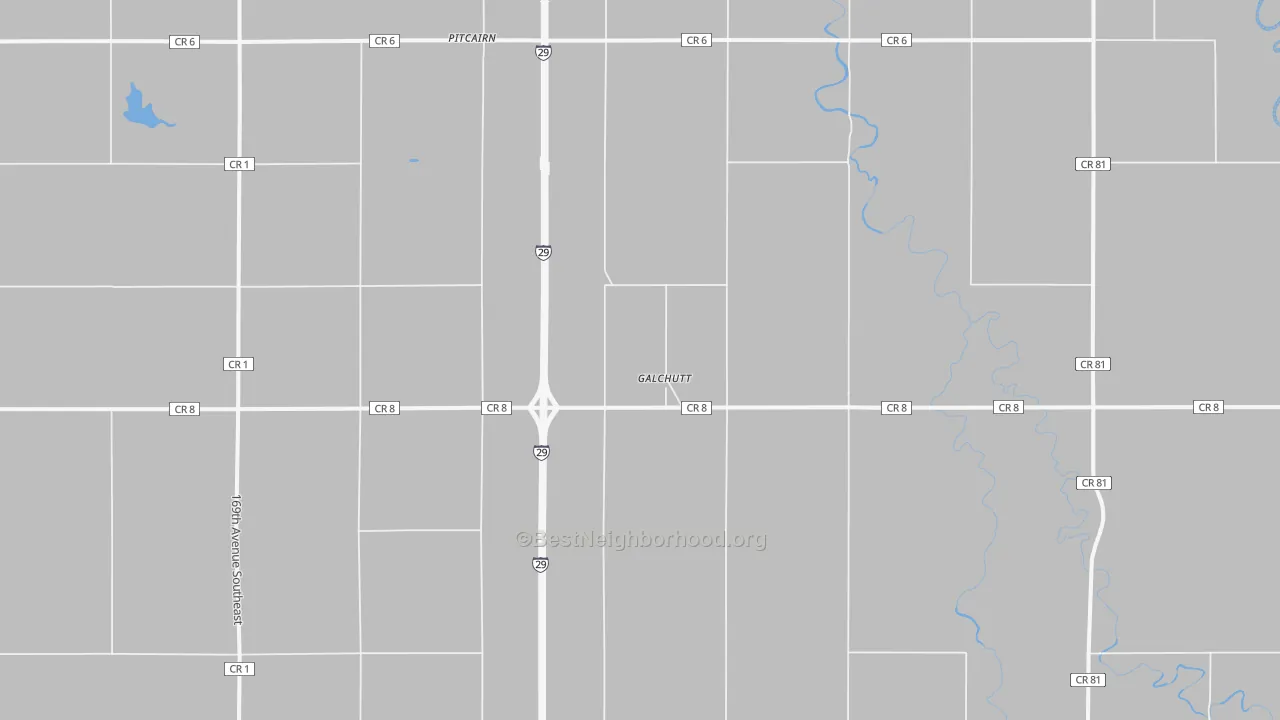 Walk Grade map of Galchutt, ND, walkable areas in green and car-dependent areas in red