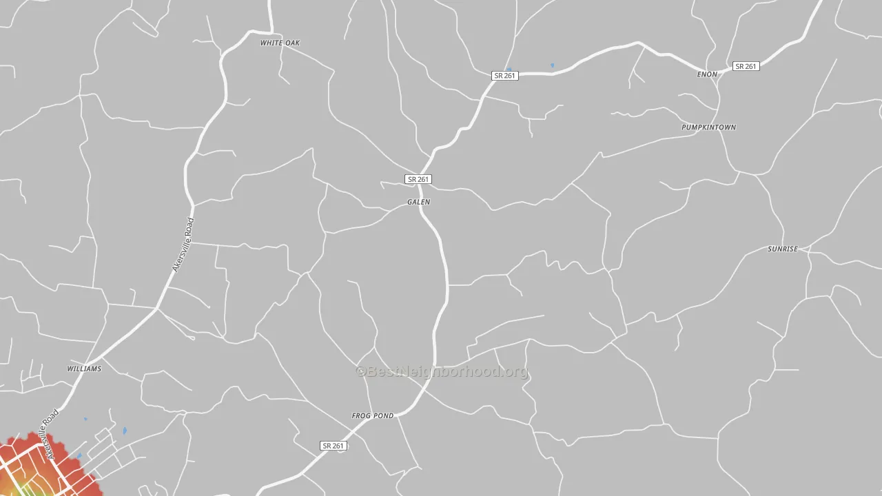 Walk Grade map of Galen, TN, walkable areas in green and car-dependent areas in red
