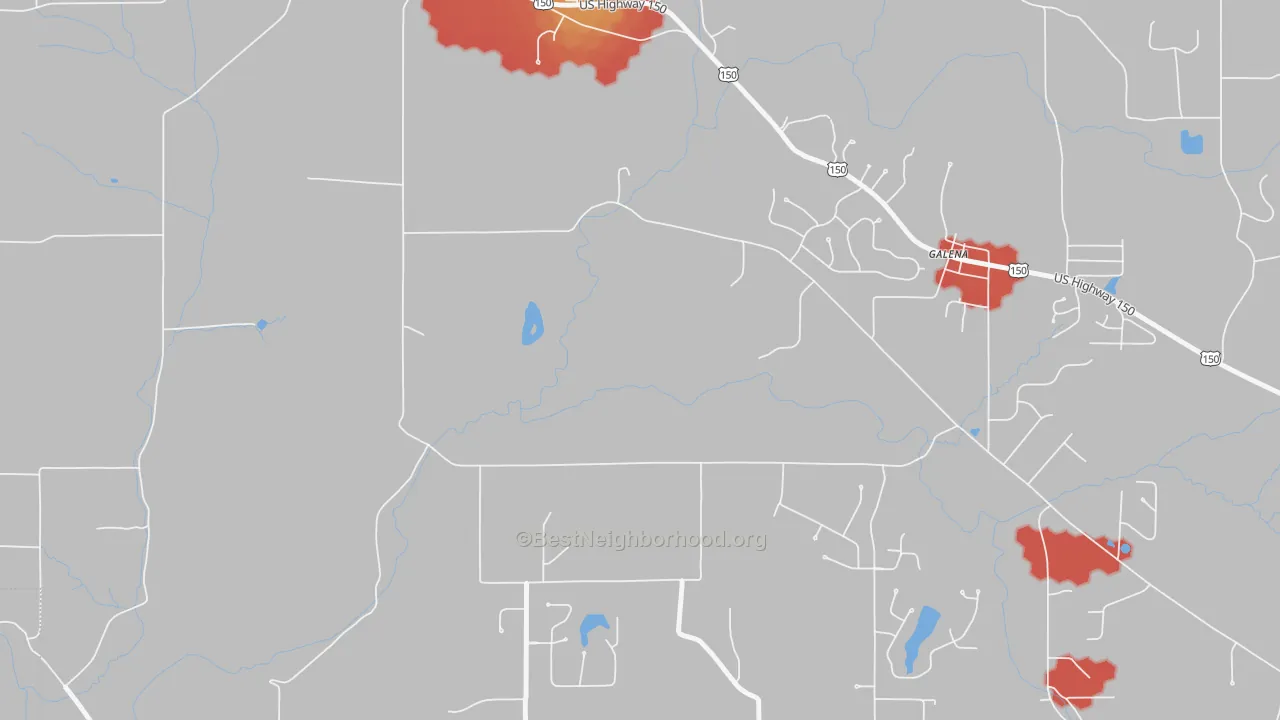 Walk Grade map of Galena, IN, walkable areas in green and car-dependent areas in red